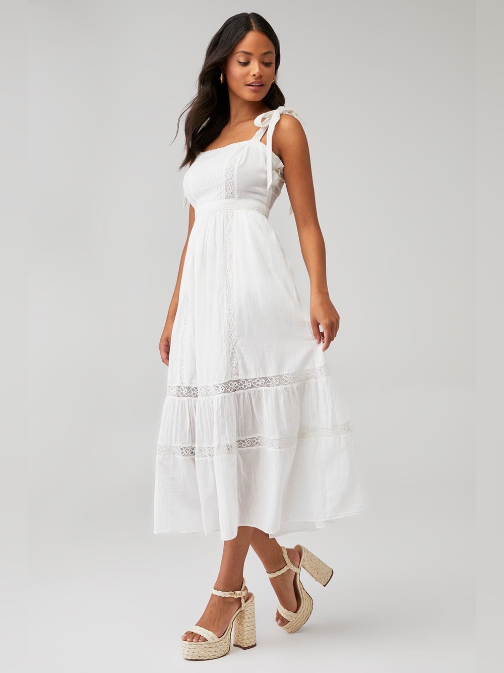 Love Shack Fancy Ayala midi White Tie-Shoulder Cotton Dress size small